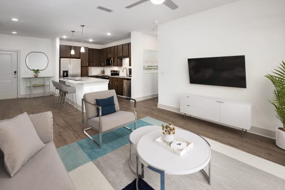 a living room with a couch and a table