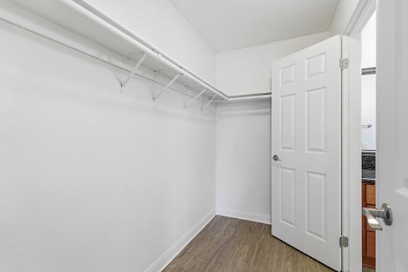 A spacious closet with shelving and wood floors.