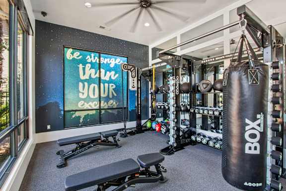 A gym room with a punching bag and weights.