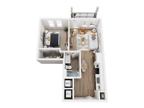 A top down view of a small apartment with a kitchen, living room, and bathroom.