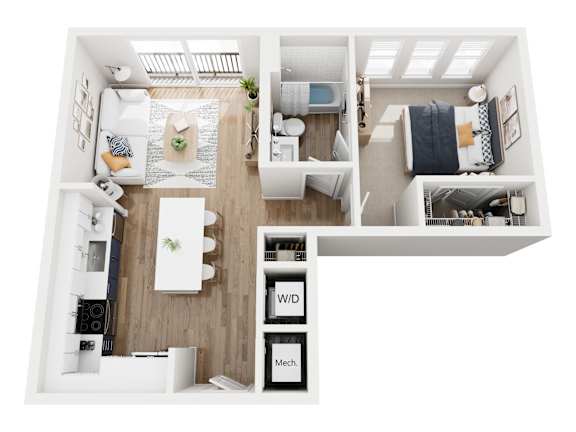 A top down view of a small apartment with a kitchen, living room, and bedroom.