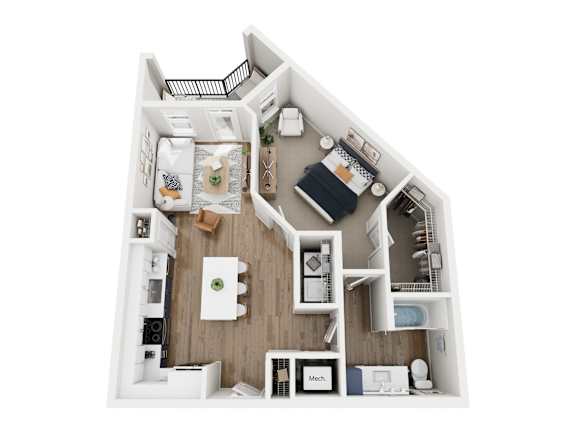 A top down view of a small apartment with a kitchen, living room, and bathroom.