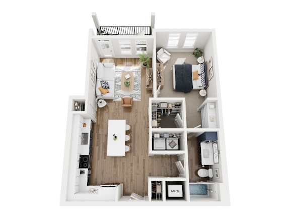 A top down view of a small apartment with a kitchen, living room, and bedroom.