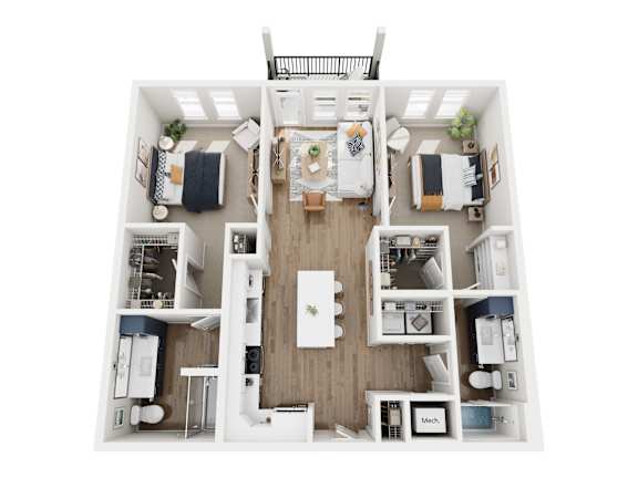A top-down view of a small, neatly organized apartment with a kitchen, living room, and bedrooms.