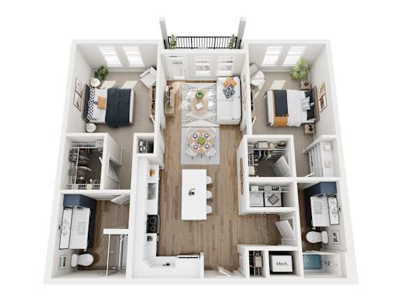 A top-down view of a small apartment with a kitchen, living room, and bedrooms.