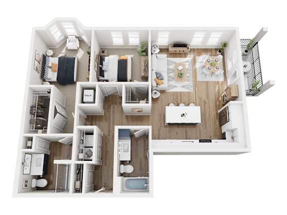 A top-down view of a small apartment with a kitchen, living room, and bathroom.