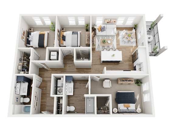 A top-down view of a small apartment layout with a kitchen, living room, and bedrooms.