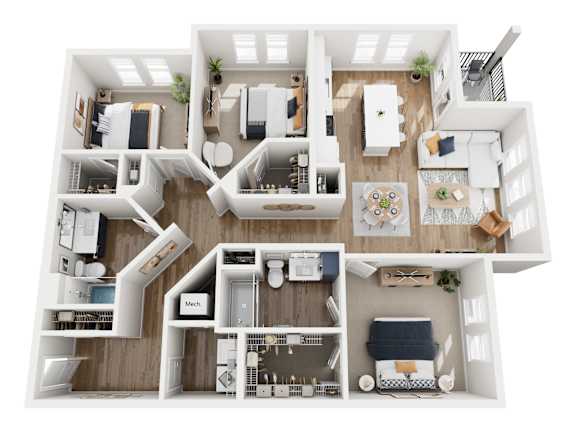 A top-down view of a modern apartment layout with multiple rooms and furniture.