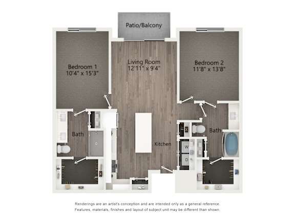 A floor plan of a home with three bedrooms, a living room, a kitchen, and two bathrooms.