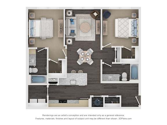 A floor plan of a house with a kitchen, living room, and bathrooms.