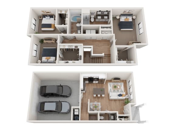 a stylized floor plan of a house with two bedrooms and a living room