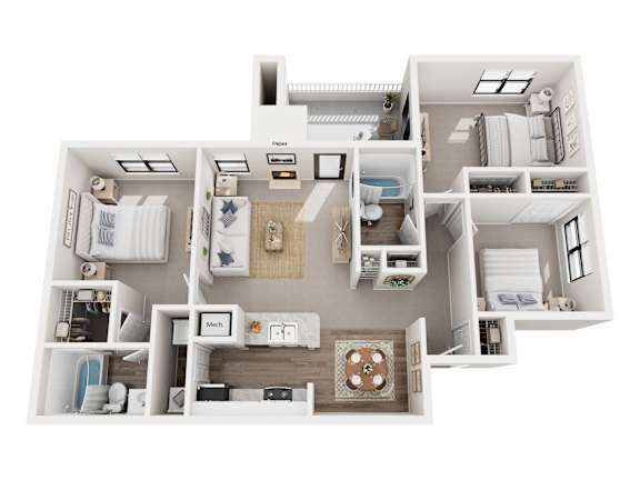 A white model of a house with a kitchen, living room, and bathroom.