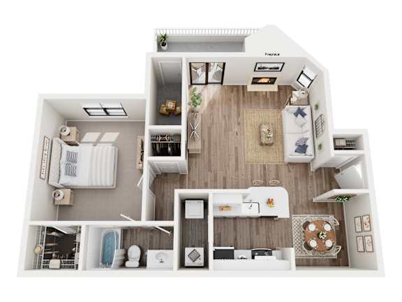 A top-down view of a small apartment with a kitchen, living room, and bedroom.