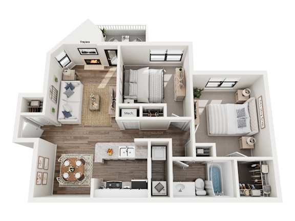 A 3D floor plan of a house with labeled rooms.