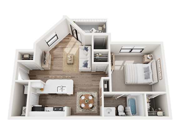 A top-down view of a house layout with a kitchen, living room, and bedrooms.