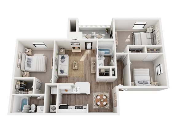 A top-down view of a small apartment layout with a kitchen, living room, and bedrooms.