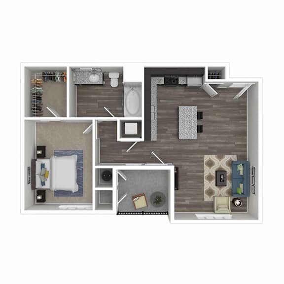 A floor plan of a small apartment with a bedroom, living room, and kitchen.