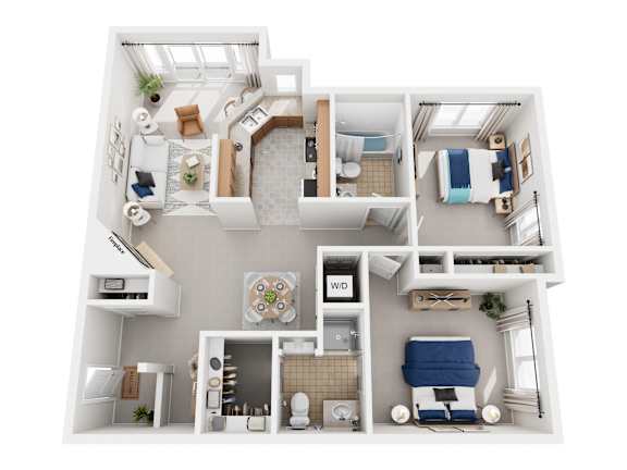 A white floor plan of a house with a kitchen, living room, dining room, and bathrooms.