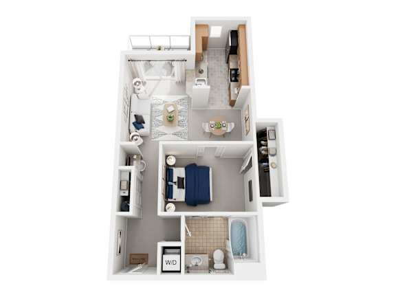 A top down view of a small apartment with a kitchen, living room, and bathroom.