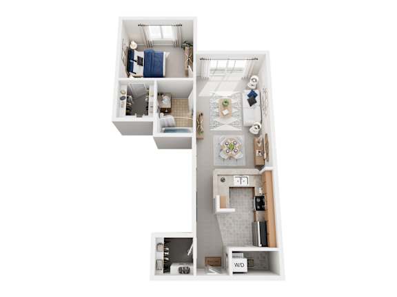 A white room with a bed, a desk, and a shelf.