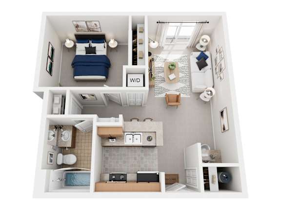 A top-down view of a small apartment with a bed, a kitchen, and a living area.