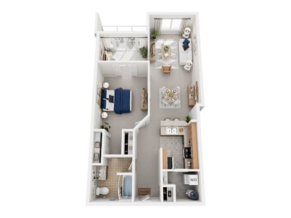 A white and wood themed apartment with a kitchen, living room, and bathroom.