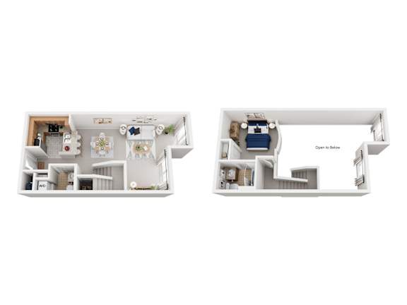Two white floor plans of a house with a note that says "Open to below".