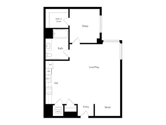 A floor plan of a house with a sleeping area, a living area, a bathroom, a kitchen, an entryway, and a work area.