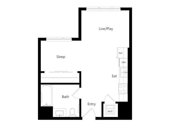 A floor plan of a house with a sleeping area, a living/play area, a bathroom, and an entry way.