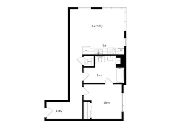 A floor plan of a room with a living area, kitchen, bathroom, and bedroom.
