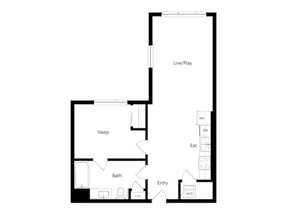 A floor plan of a house with a sleeping area, bathroom, eat-in area and a live/play area.