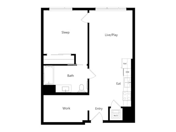A floor plan of a small apartment with a sleeping area, a work area, a bathroom, a live/play area, and an entry way.