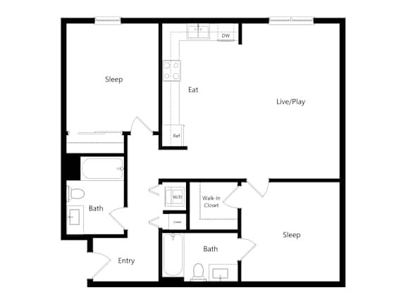 A floor plan of a house with a sleeping area, a living/play area, a bathroom, and an entry point.