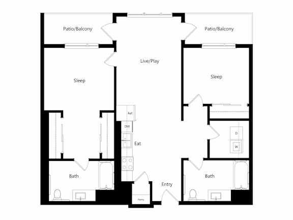 A floor plan of a house with two bedrooms, a bathroom, a living room, a dining room, and a kitchen.