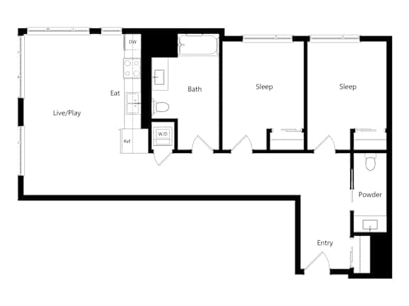 A floor plan of a house with a living room, two bedrooms, a bathroom, and a powder room.