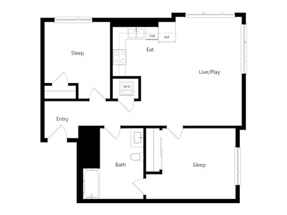 A floor plan of a house with a sleeping area, a living/play area, a bathroom, and an entry point.