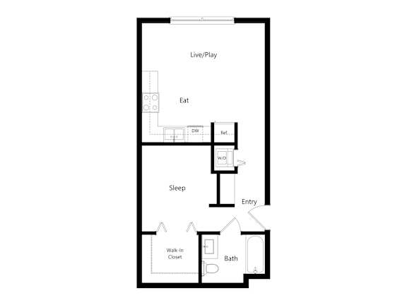 A floor plan of a house with a living room, dining room, kitchen, bedroom, bathroom, and walk-in closet.