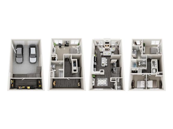 Three different floor plans of an apartment are shown.