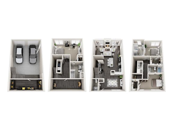 Three different layouts of a small apartment.