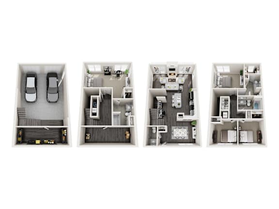 Three different layouts of a small apartment.