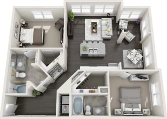 Floor Plan  A 3D floor plan of a house with multiple rooms and furniture.