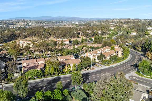 A residential area with houses and trees.
