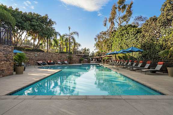 A large swimming pool surrounded by trees and lounge chairs.