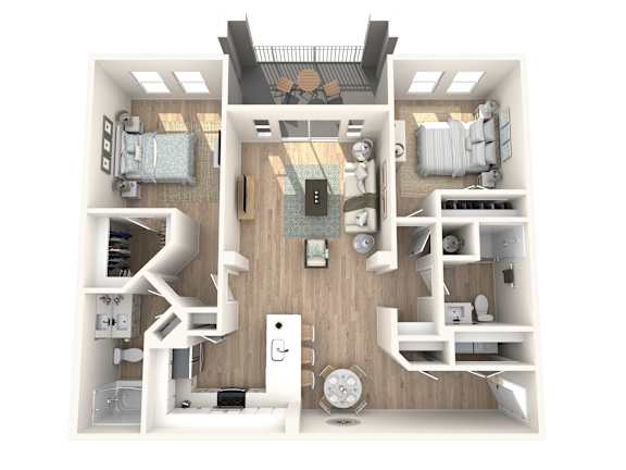 A top-down view of a small apartment with a kitchen, living room, and bedroom.
