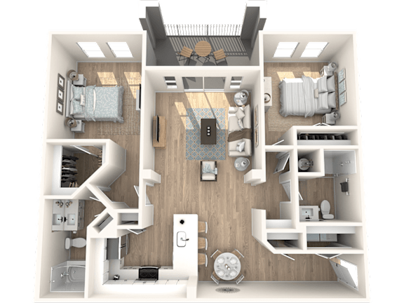 A 3D floor plan of a house with a kitchen, living room, and bedrooms.
