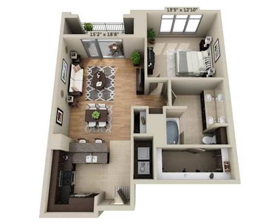 A 3D floor plan of a two-bedroom apartment with a living room, kitchen, and bathroom.