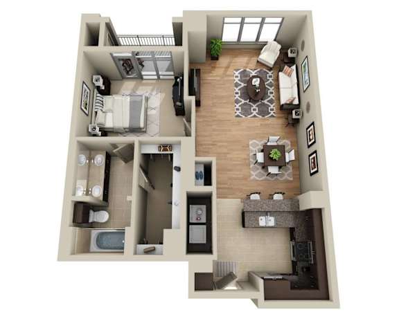 A 3D rendered image of a house layout.