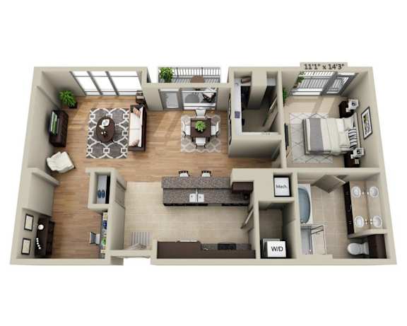 A floor plan of a two-bedroom apartment with a living room, kitchen, and bathroom.