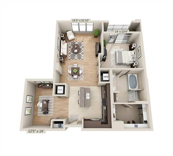 A 3D floor plan of a two-bedroom apartment.