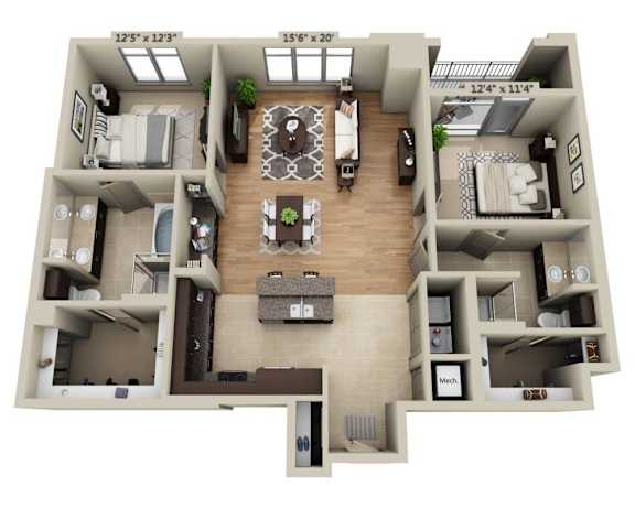 A 3D floor plan of a two-story apartment with a living room, kitchen, and bedrooms.